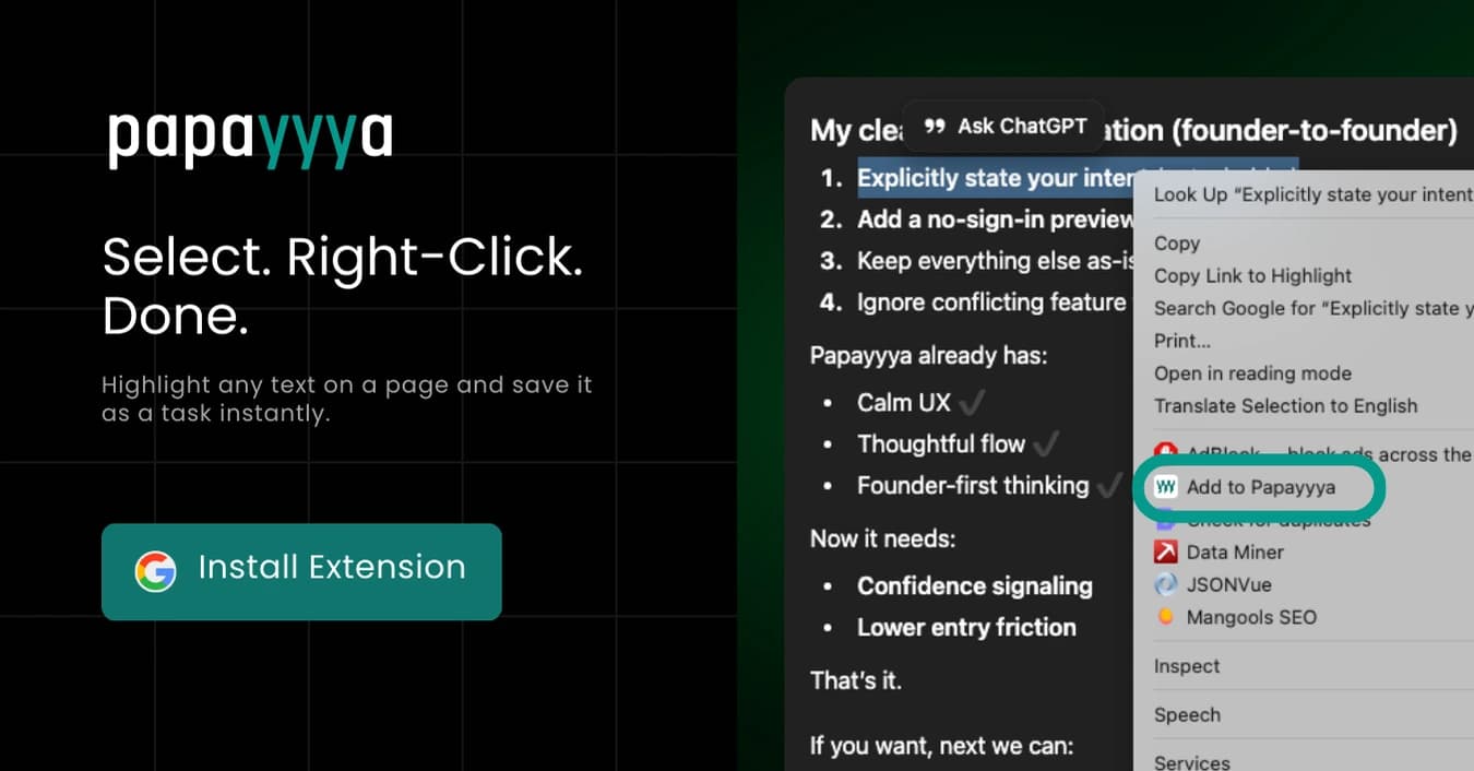 Select text, right-click, and save as a task instantly