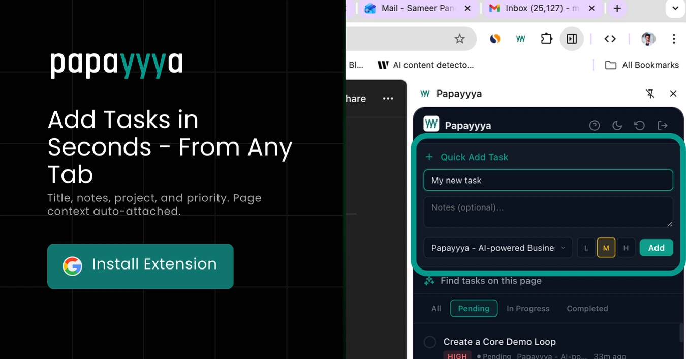 Add tasks in seconds from any tab with title, notes, project, and priority