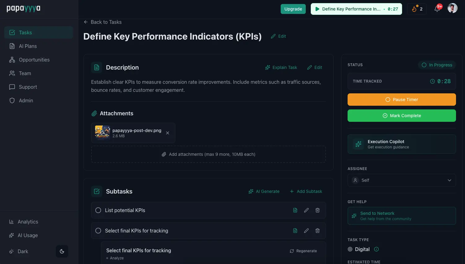 Task management with time tracking and subtasks