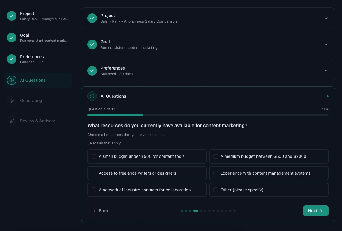 AI-powered plan creation with smart questionnaire